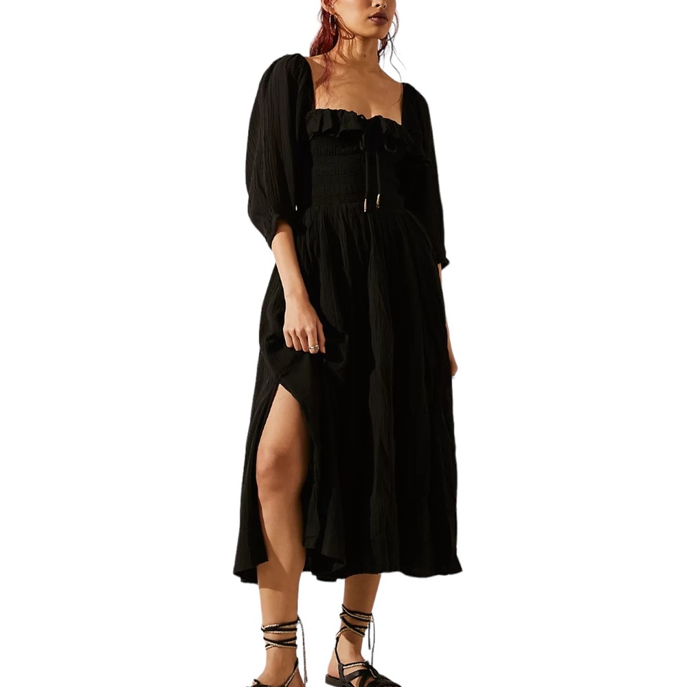 Free People Black Midi Puff Sleeve Smocked Dress